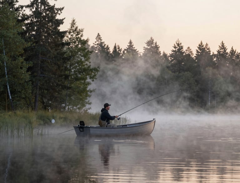 A serene Finnish lake at dawn with a person fishing from a small boat surrounded by misty forest.