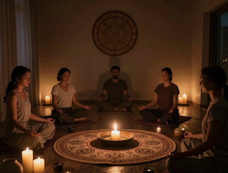 A serene meditation scene with soft golden light filtering through ancient trees.