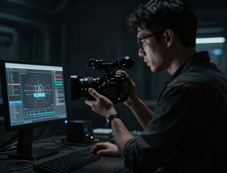 A scientist filming a nature documentary in a misty forest at dawn.