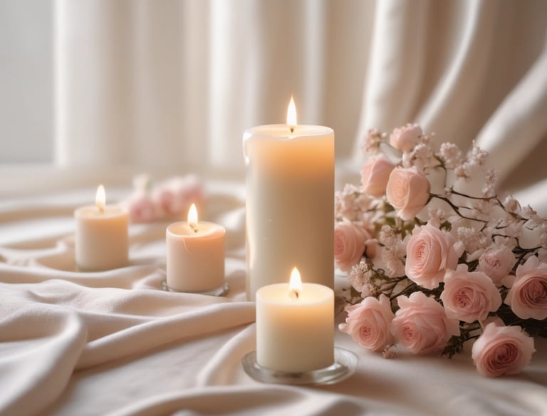 Soft pastel-colored journal and pen beside a cup of tea on a wooden table.