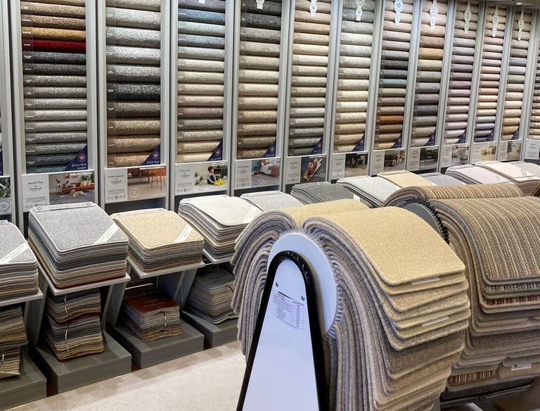 Showroom display featuring various textured carpet samples and rolls for home flooring.