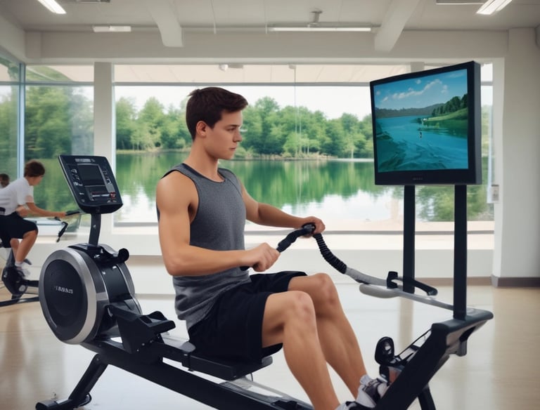 Young and older adults enjoying rowing workouts together.