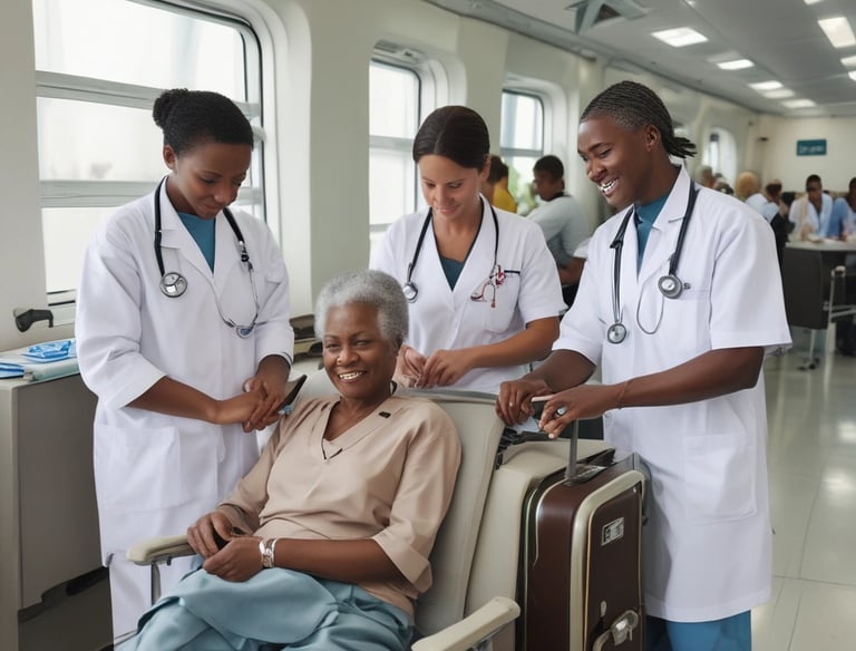 A caring doctor attending to a traveler in a bright hospital room.