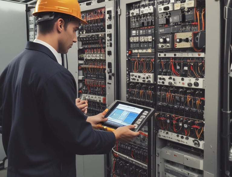 Technician analyzing electrical panel with diagnostic tools in an industrial setting.