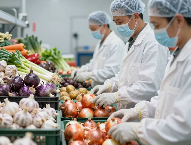 Close-up of fresh onions being inspected for quality in a bright warehouse.
