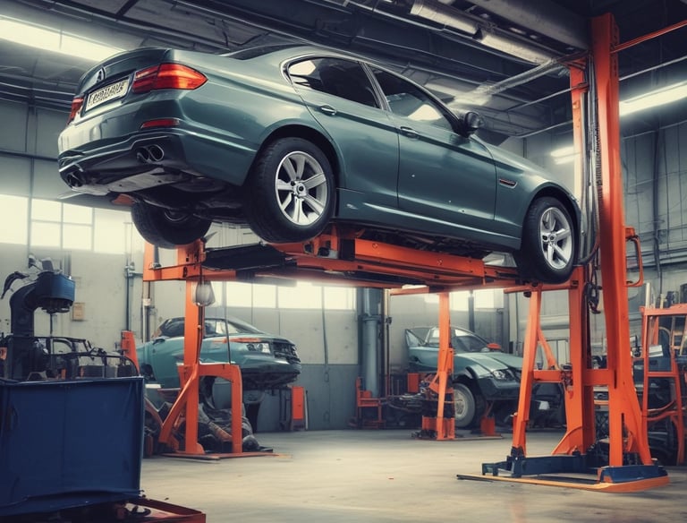 Technician repairing a car dent with precision tools in a bright garage.