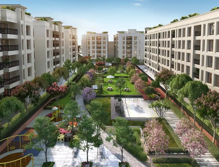 Premium Chennai apartment complex with landscaped garden, kids play area and open green spaces
