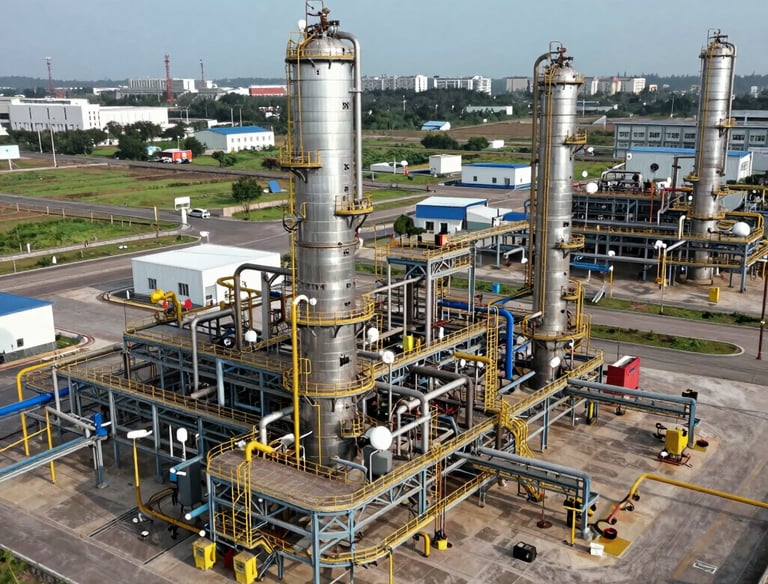 Technicians inspecting large-scale oil and gas equipment outdoors.