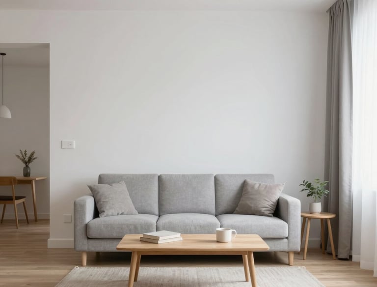 Bright and airy modern apartment living room with minimalist decor and large windows.