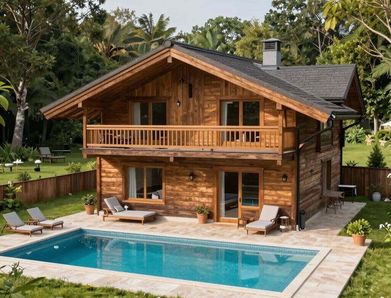 Elegant chalet exterior surrounded by lush greenery and a private garden.