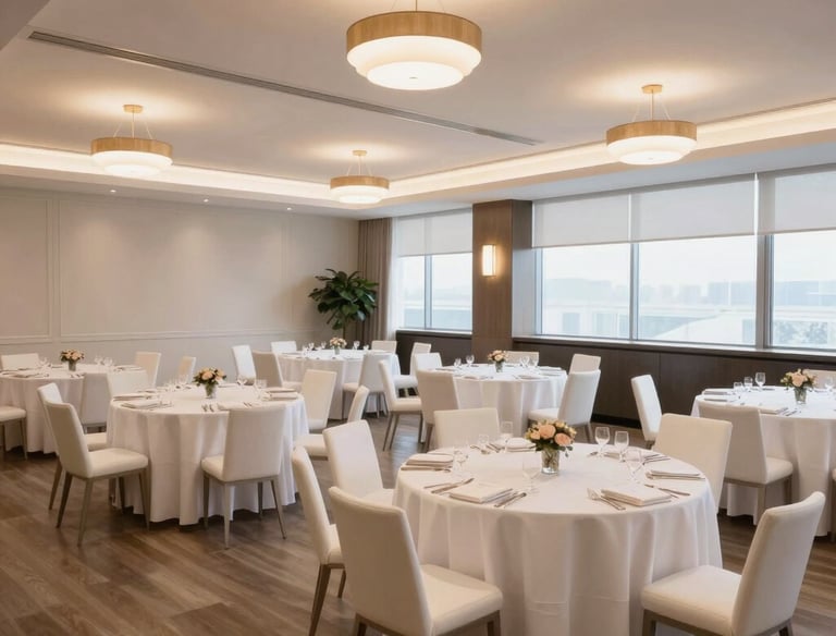 Spacious event hall with stylish lighting and minimalist design ready for gatherings.