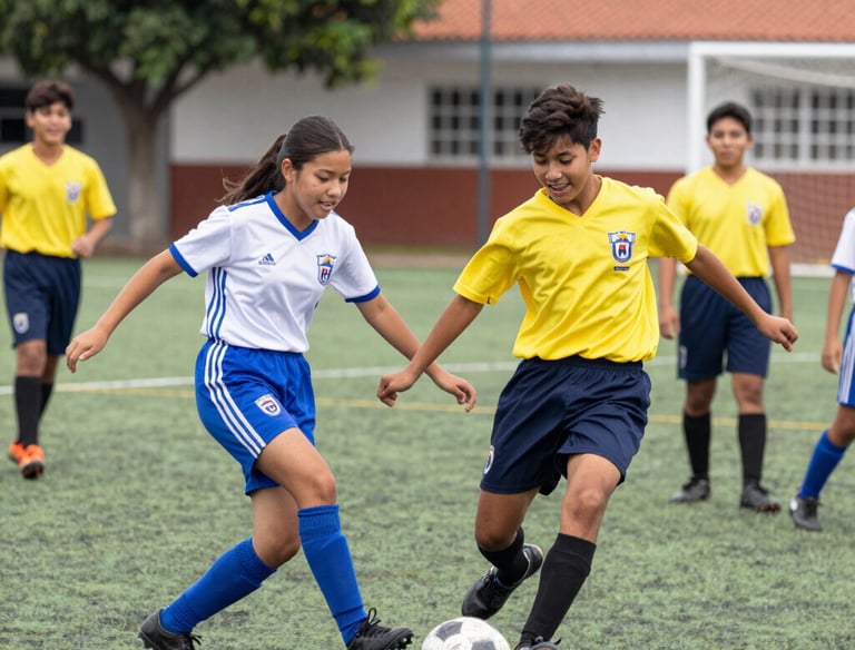 Outdoor sports event with students playing soccer on a sunny day.