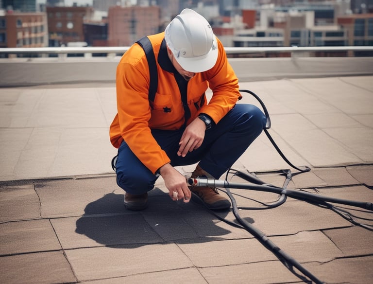 Technician repairing a water leak on a rooftop terrace.