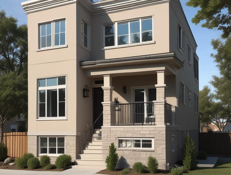 A sunny patio with outdoor seating and potted plants.