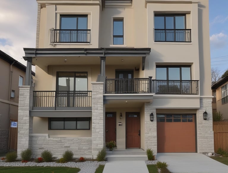 A cozy two-story house with a bright red door and a small front garden.