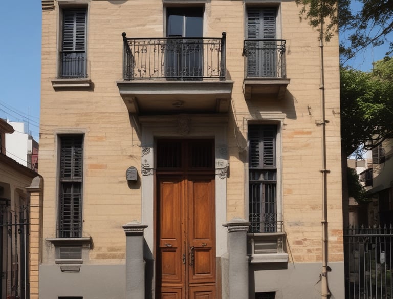 A historic, Tudor-style manor with intricate brickwork and wood paneling dominates the foreground. The building features large windows and elegant chimneys. In front of the manor, a formal garden with neatly trimmed hedges and symmetrical layouts enhances the estate's grandeur. The garden's meticulously arranged rows of rounded shrubs create a sense of order and elegance.
