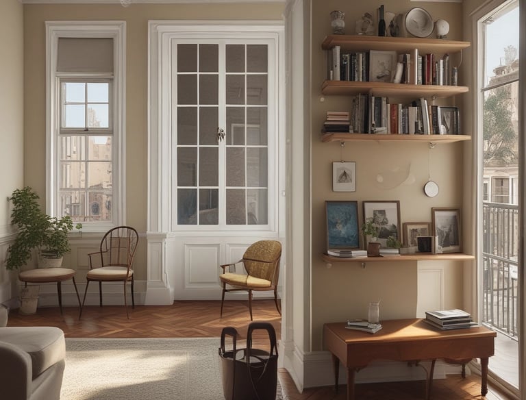 Aerial view of a historical estate surrounded by lush green gardens and trees. The main building is a large, symmetrical structure with a notable architectural style, featuring numerous windows and a central entrance. The landscape includes well-manicured lawns, pathways, and smaller buildings in the surrounding area. The background reveals a sprawling urban cityscape beneath a clear blue sky.