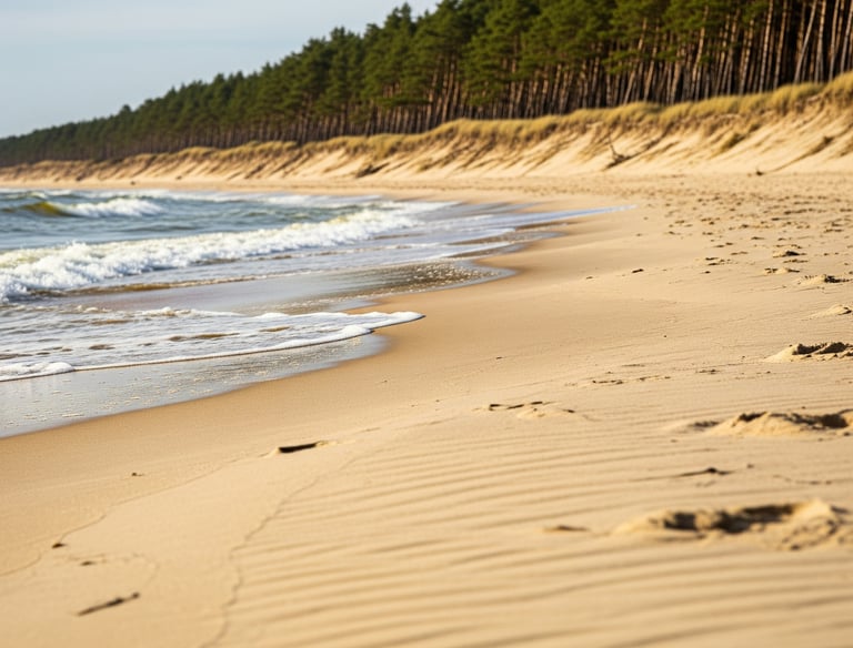 Prywatna plaża nad Bałtykiem w Bagiczu z naturalnymi wydmami i lasem sosnowym w tle