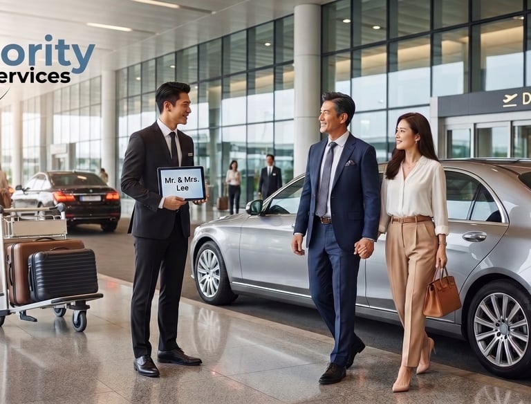 Professional airport VIP concierge greeting a couple with a tablet at the departures terminal near a luxury car.