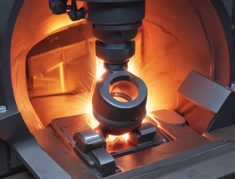 An industrial facility with a large metal structure featuring tall towers and connecting pipes. The building in the foreground is constructed from white-painted bricks and has a metal roof. Surrounding the area are trees and grass, while power lines stretch across the sky.