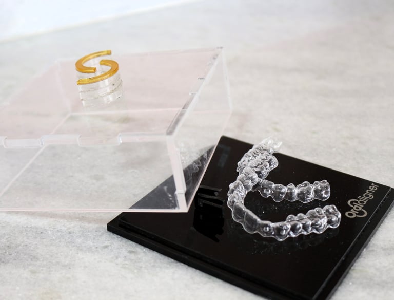 a clear plastic case with invisible teeth aligners on it