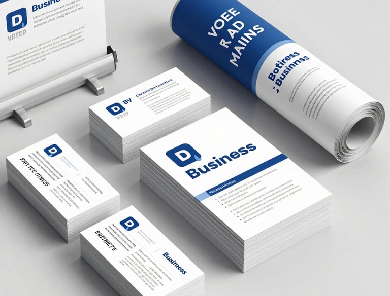 Printed flyers and business cards spread out on a desk.
