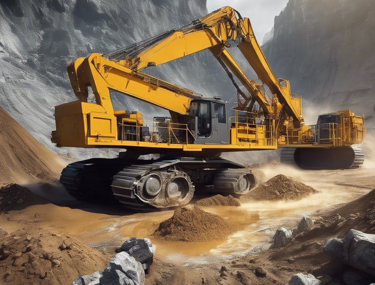 yellow heavy equipment filled with stone by back-hoe
