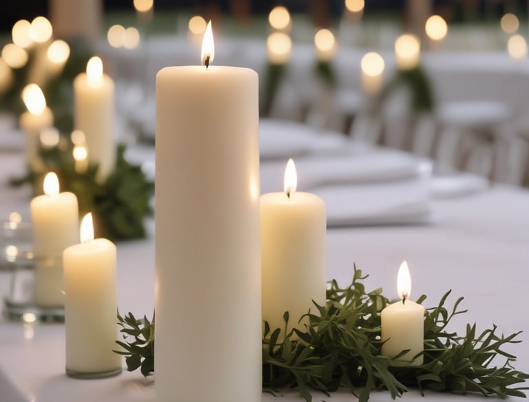 Group of tall white pillar candles for a minimalist event centerpiece