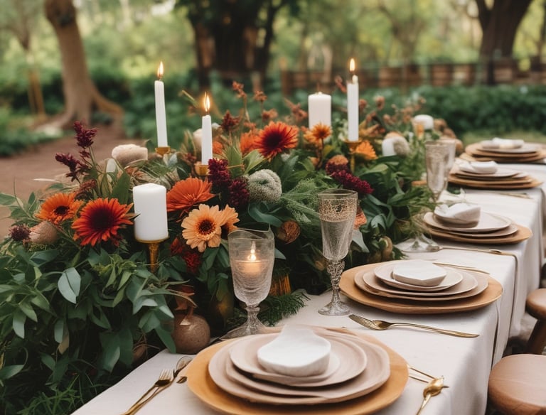 Cozy event space with warm-toned decorations and elegant table settings.