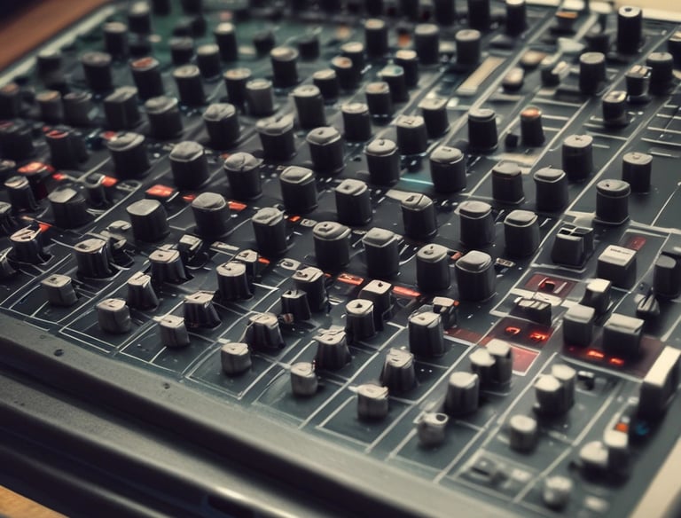 A black and white photograph of a person working in a music studio. The individual is seated, using a music production device with a mixing console and synthesizers visible in the background. The lighting is low, creating a moody atmosphere.