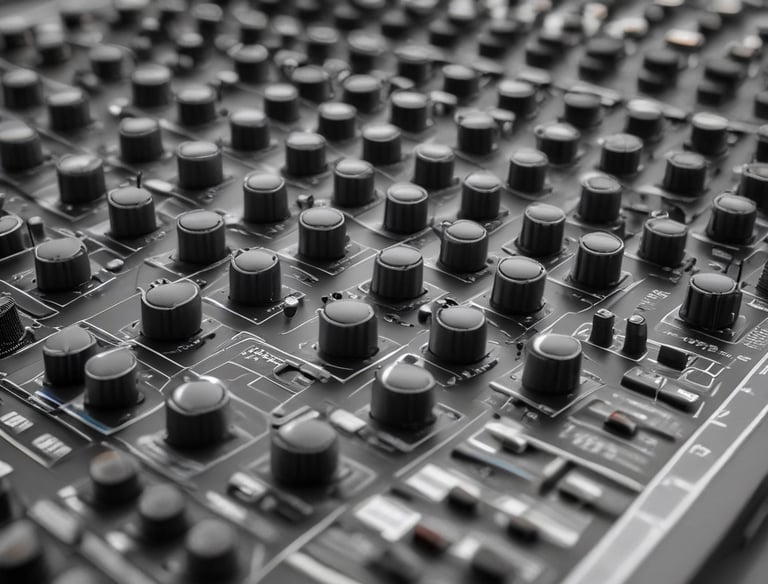 A person with long hair wearing headphones appears to be focused on an audio mixing or DJing task. They are reaching towards numerous rectangular objects, possibly sound equipment, which are out of focus in the foreground. The setting seems to be indoors with a large, industrial-like wall in the background.
