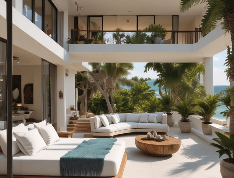 Modern riverfront homes with lush greenery and bright skies.