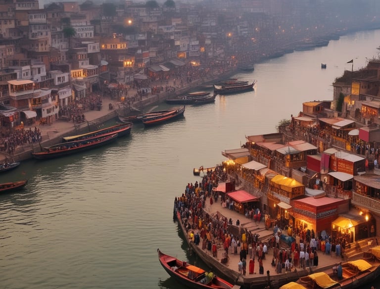 A serene scene of the Ganges River during sunrise.