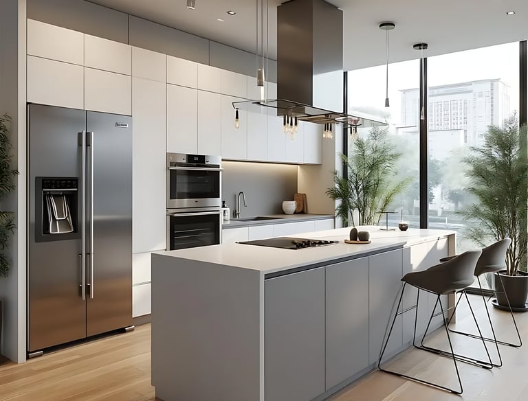 Modern minimalist kitchen with white cabinets, large island, and stainless steel appliances.