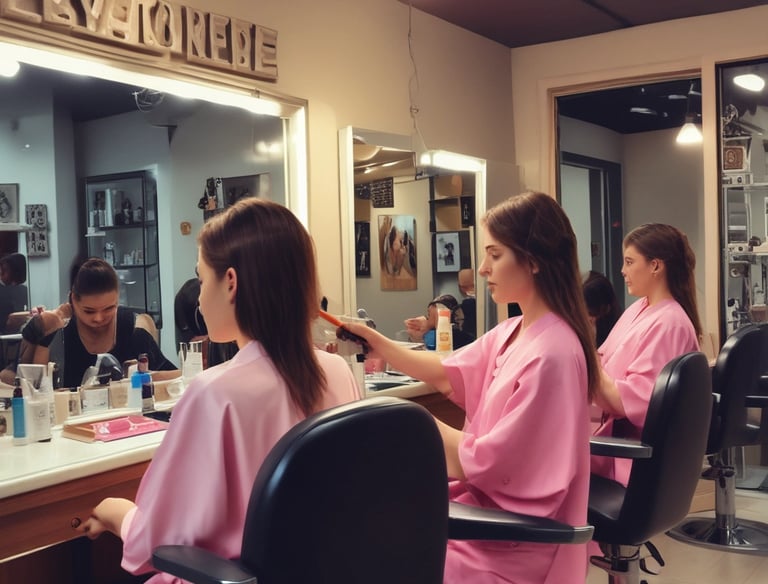 A stylist applying hair color to a client's hair in a bright salon.