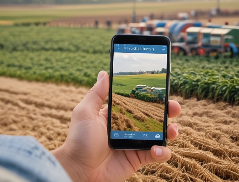 A vintage red tractor with the label 'International Farmall 140' displayed prominently. The machinery is detailed, with visible red metal components and various mechanical parts. It is situated on a patch of green grass, with a rural road and fields in the background.