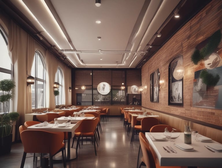 A richly decorated interior featuring intricate architectural details and ornate patterns on the walls and ceiling. The space is lined with glass partitions, allowing natural light to filter through large arched windows at the far end. The design features geometric and floral motifs with a warm, earthy color palette.