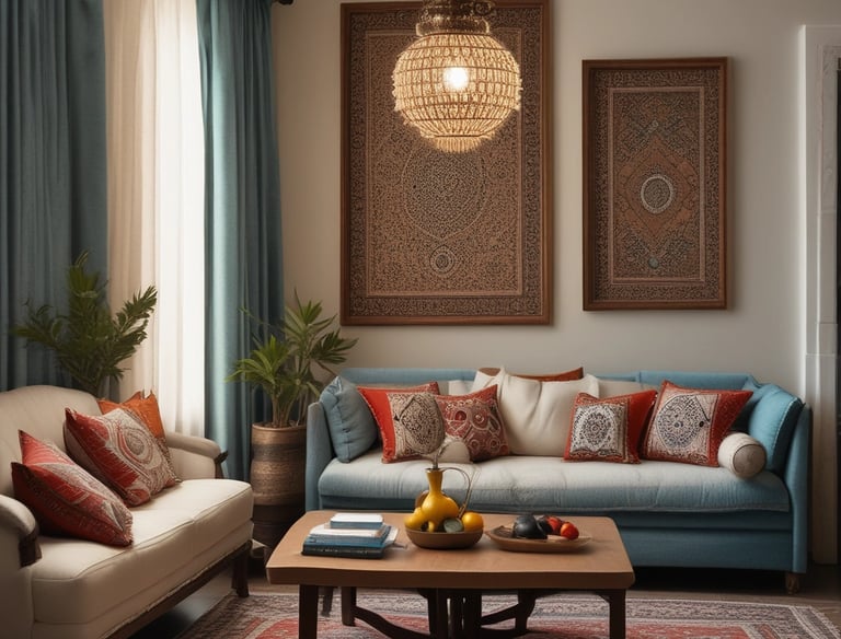 An interior scene featuring a variety of artistic and design elements. A large woven tapestry with fringes is mounted on a textured wall. Below it, a minimalist concrete console table with arched compartments holds several cylindrical and rectangular decorative objects. The ambient lighting is warm, contributing to a cozy atmosphere.