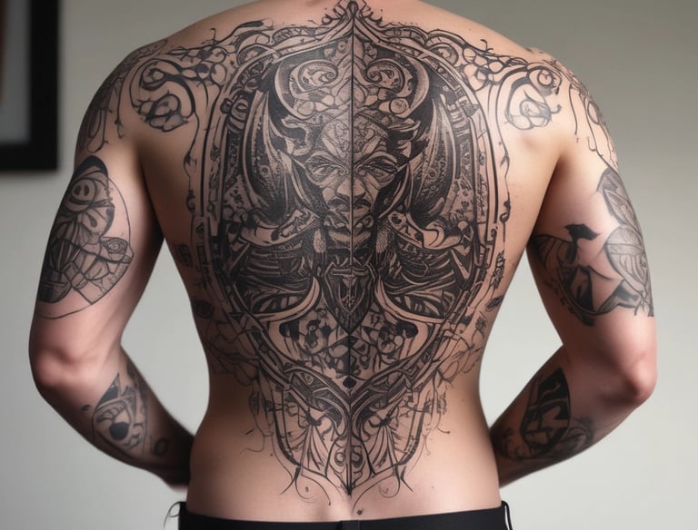 a man with tattoos on his back, a blackwork tattoo