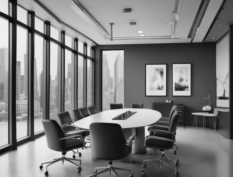 oval brown wooden conference table and chairs inside conference room