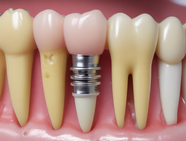 A gloved hand is holding a transparent dental aligner with a dental case in the background. The glove and case are both blue, and the aligner appears to be made of clear plastic.