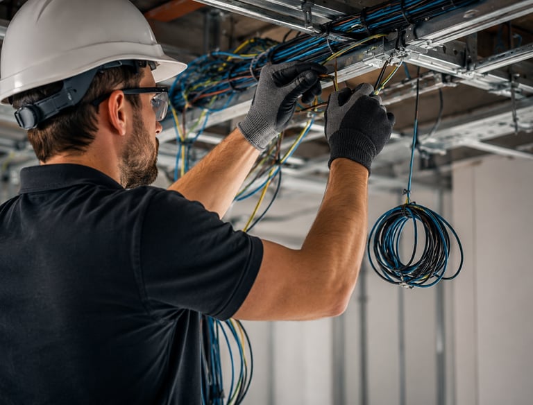Installation de câblage électrique au plafond par un électricien qualifié pour un système d’éclairag