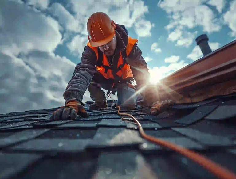 dakdekker is en dakreparatie aan het uitvoeren 