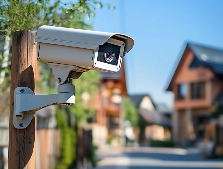 a camera mounted on a wooden pole next to a wooden pole
