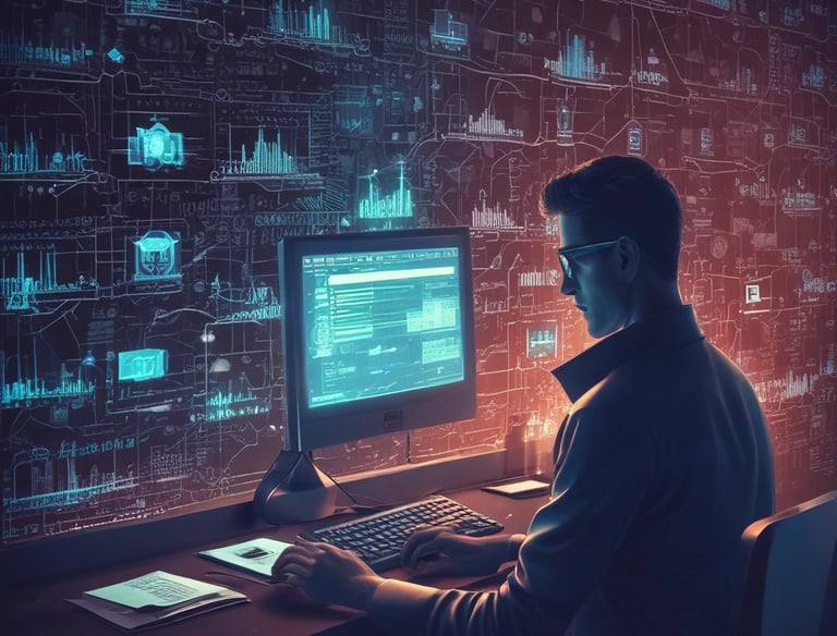 A computer monitor displays a webpage from HelpDesk Heroes, featuring a contact address and email. Social media icons including Facebook, LinkedIn, Twitter, Instagram, and Pinterest are visible. The screen also shows a Trustpilot rating. A stack of cookies is partially visible at the bottom of the image, and part of a keyboard can be seen in the foreground.