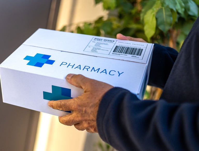 Person holding a white delivery box labeled “Pharmacy” with a medical cross symbol, representing pre