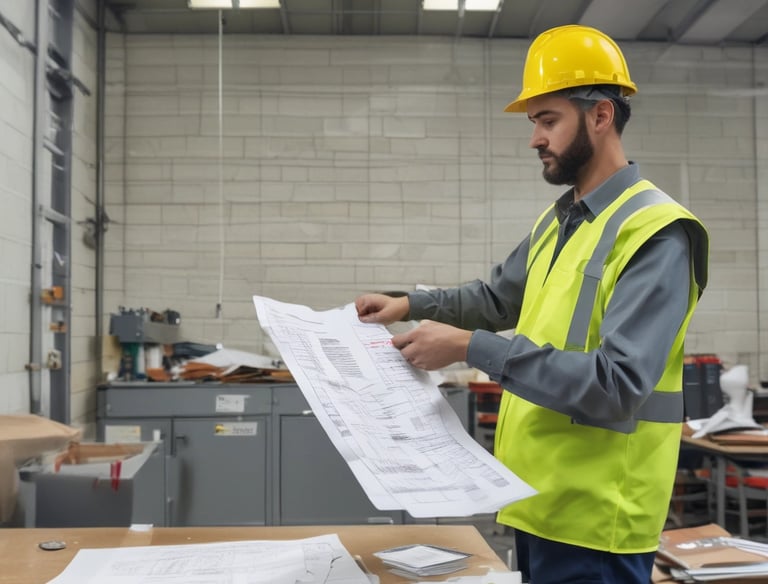 A bright red safety helmet is placed on a rough black surface in a construction site. The background is blurred but shows construction structures and cranes, creating an industrial atmosphere.