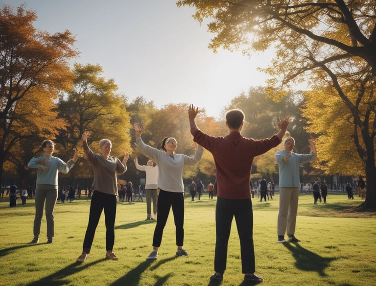 A serene outdoor setting with a person practicing qigong amidst nature.