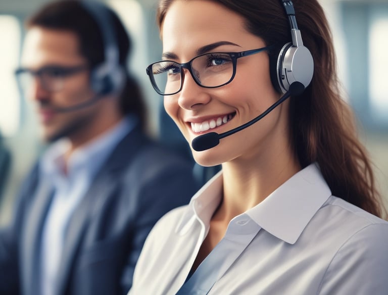 A friendly customer service representative assisting a client over the phone.
