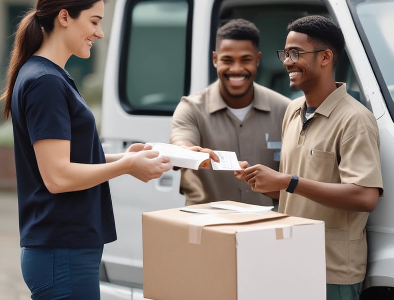 A delivery driver handing over a package containing medications to a healthcare professional.